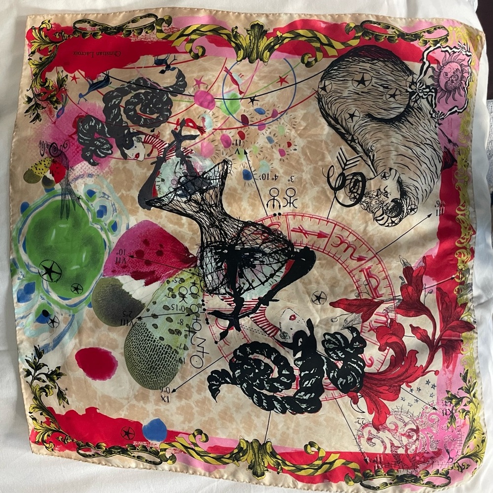 Christian Lacroix Red and Cream Artistic 100%Silk Scarf - Picture 3 of 8